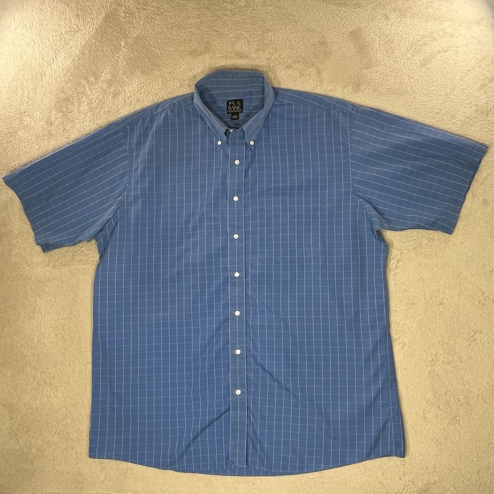 Jos A Bank Blue Windowpane Checkered Short Sleeve Button Down SZ XL 100% Cotton